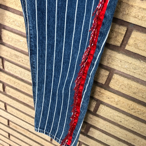 Denim Pin Stripe Jeans with Vintage Fringe - American Eagle Mom Jeans - Waist 26 - Picture 12 of 16